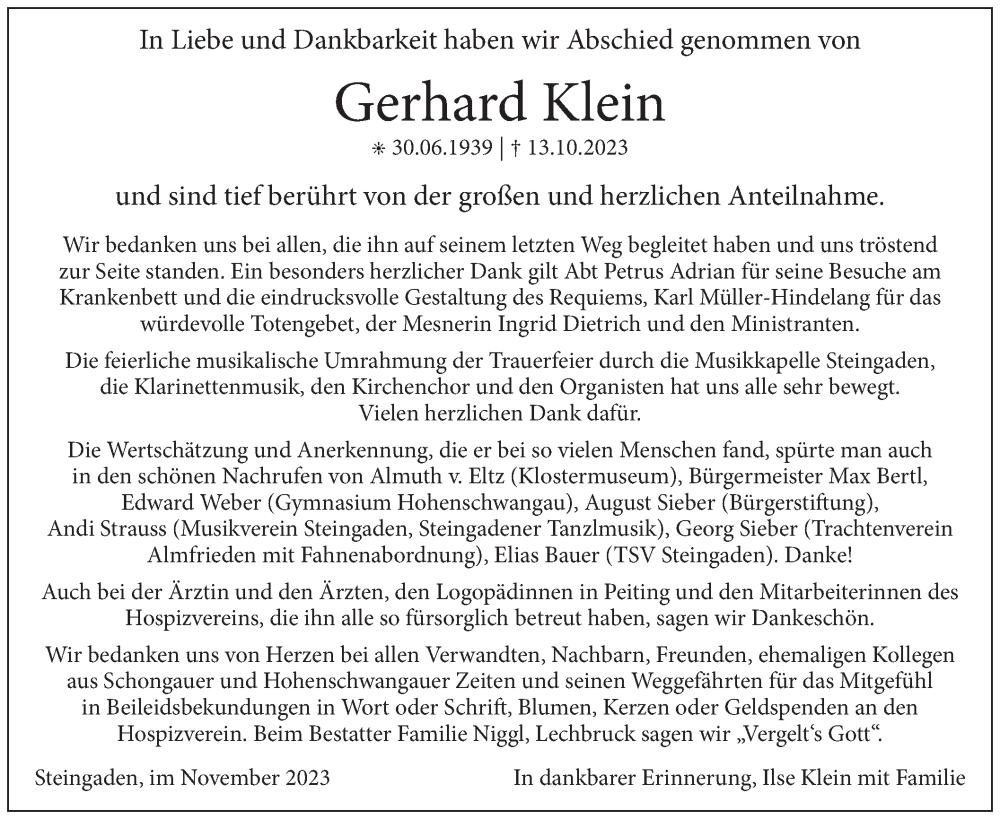  Traueranzeige für Gerhard Klein vom 18.11.2023 aus merkurtz