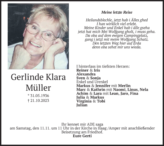 Traueranzeige von Gerlinde Klara Müller von merkurtz