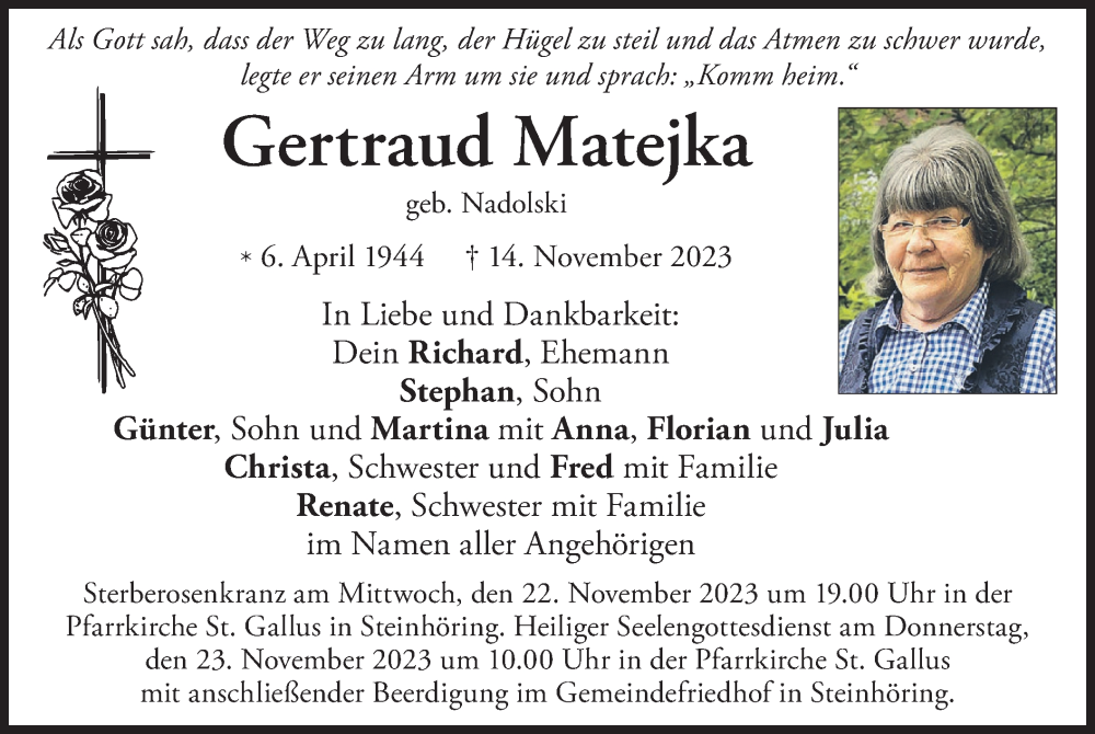  Traueranzeige für Gertraud Matejka vom 18.11.2023 aus merkurtz