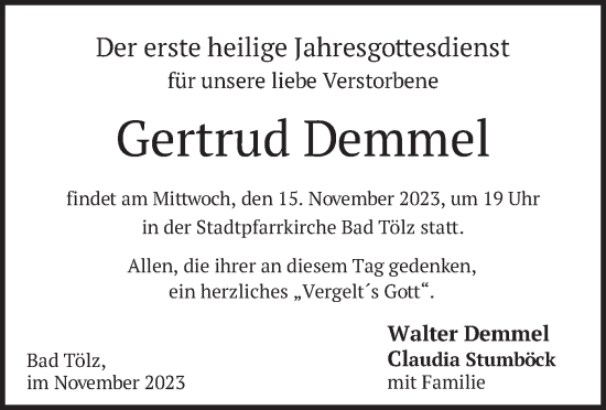 Traueranzeige von Gertrud Demmel von merkurtz