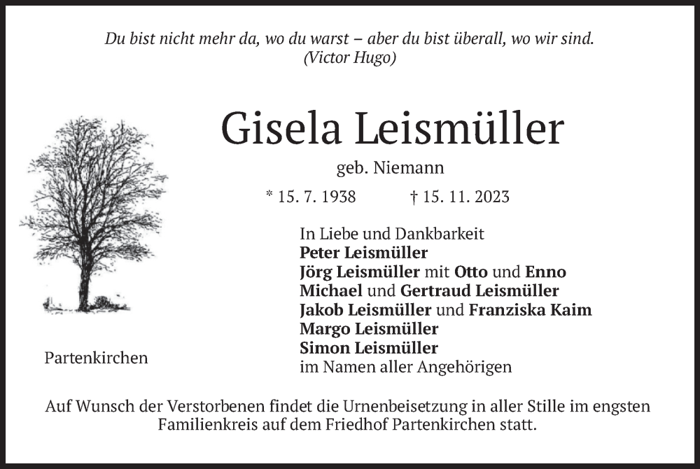  Traueranzeige für Gisela Leismüller vom 18.11.2023 aus merkurtz