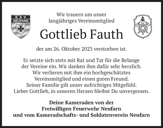 Traueranzeige von Gottlieb Fauth von merkurtz