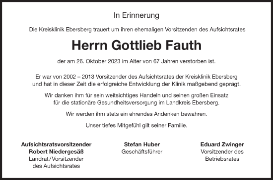Traueranzeige von Gottlieb Fauth von merkurtz
