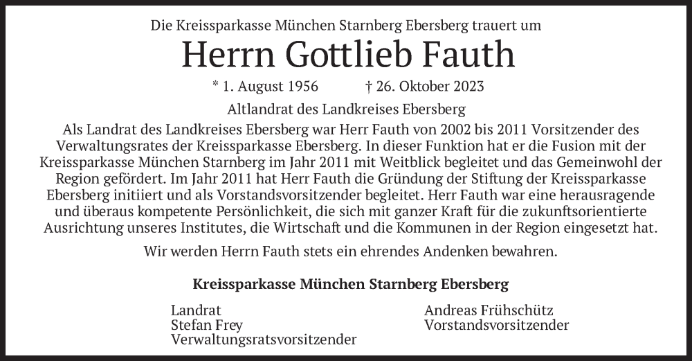  Traueranzeige für Gottlieb Fauth vom 07.11.2023 aus merkurtz