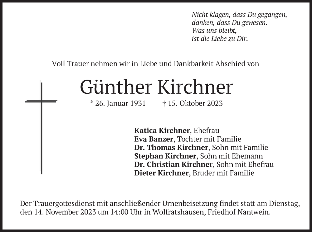  Traueranzeige für Günther Kirchner vom 04.11.2023 aus merkurtz