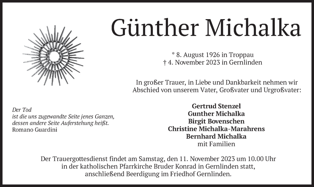  Traueranzeige für Günther Michalka vom 08.11.2023 aus merkurtz