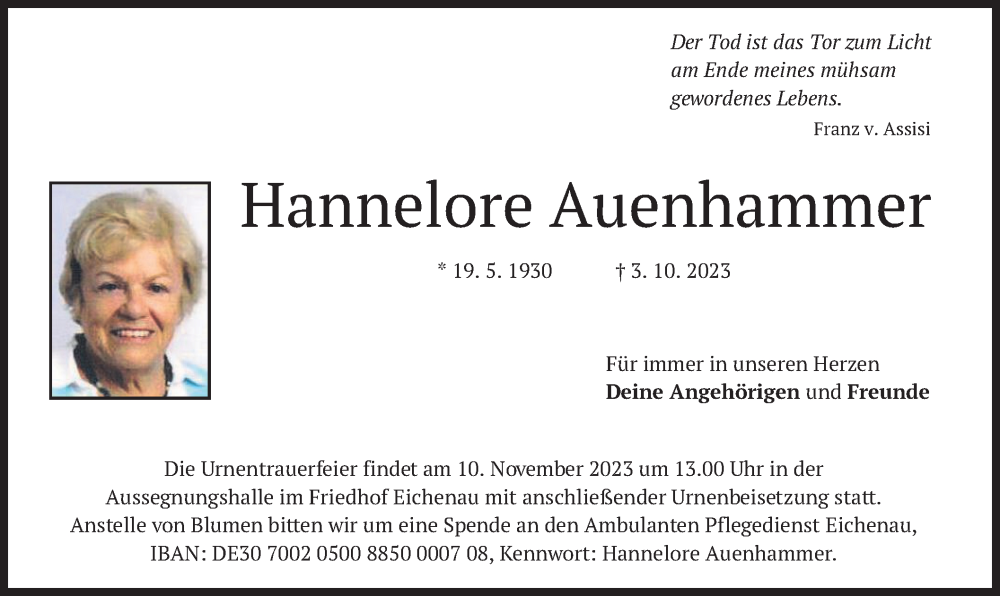  Traueranzeige für Hannelore Auenhammer vom 04.11.2023 aus merkurtz