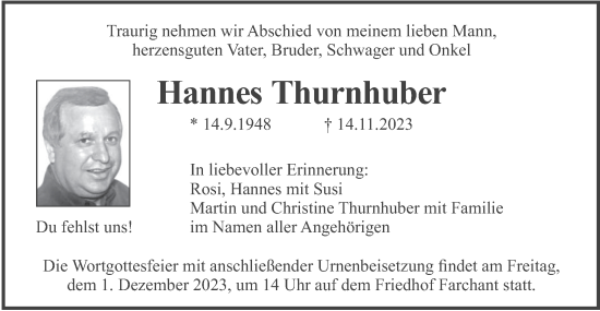Traueranzeige von Hannes Thurnhuber von merkurtz