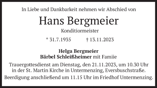 Traueranzeige von Hans Bergmeier von merkurtz