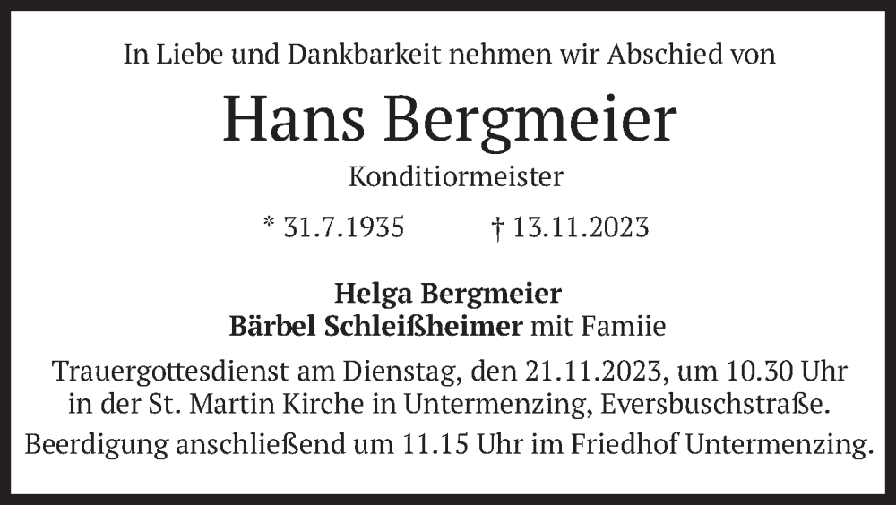  Traueranzeige für Hans Bergmeier vom 18.11.2023 aus merkurtz