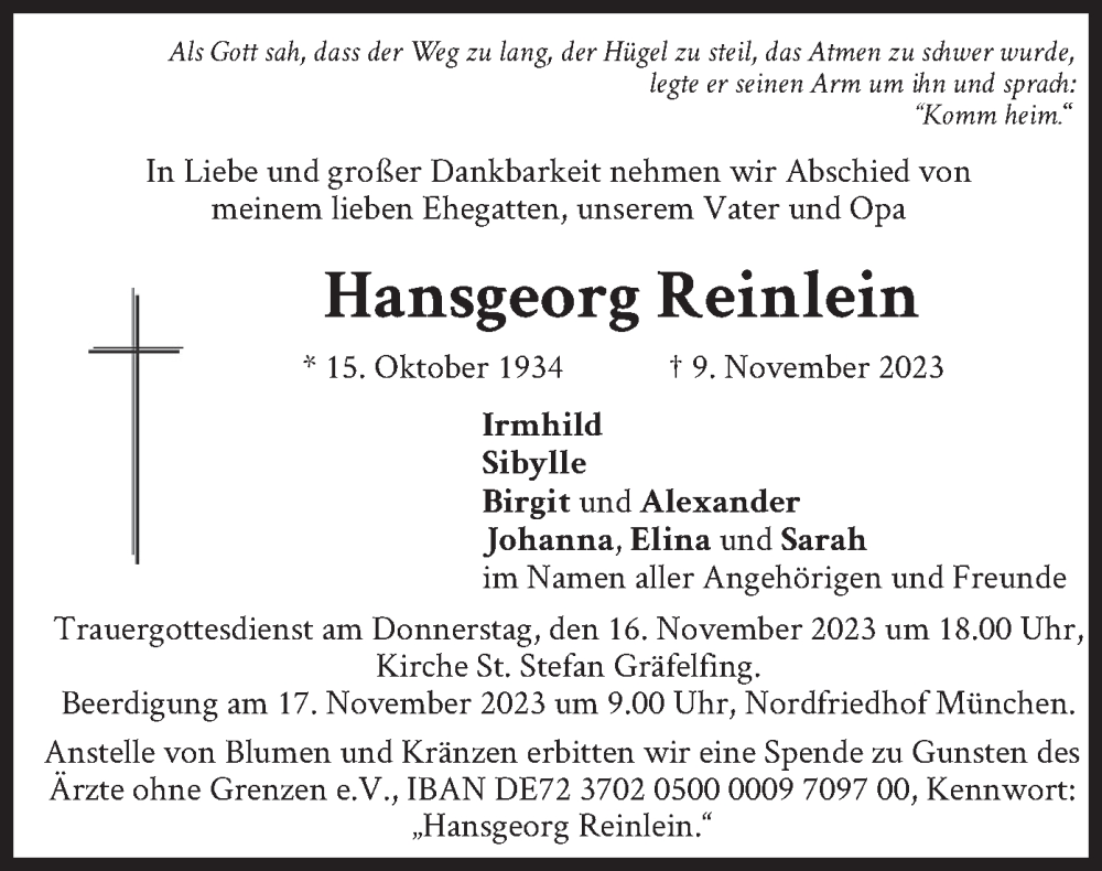  Traueranzeige für Hansgeorg Reinlein vom 14.11.2023 aus merkurtz