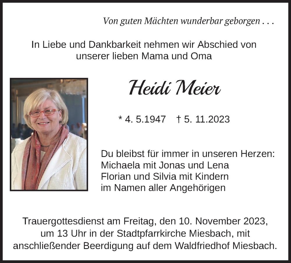  Traueranzeige für Heidi Meier vom 08.11.2023 aus merkurtz