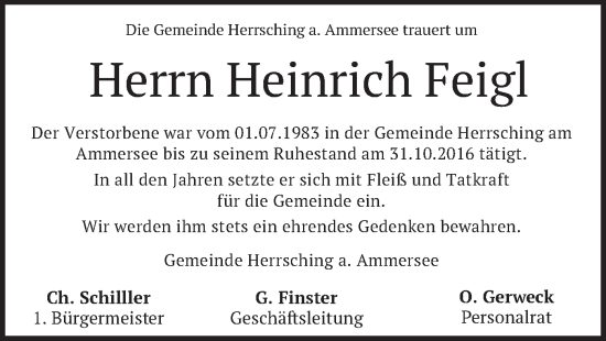 Traueranzeige von Heinrich Feigl von merkurtz
