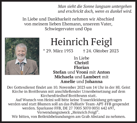 Traueranzeige von Heinrich Feigl von merkurtz