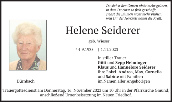 Traueranzeige von Helene Seiderer von merkurtz