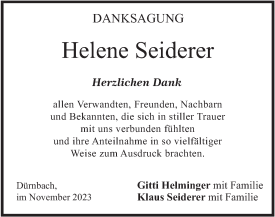 Traueranzeige von Helene Seiderer von merkurtz