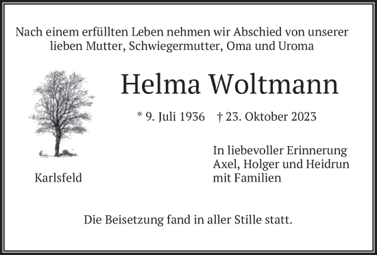 Traueranzeige von Helma Woltmann von merkurtz