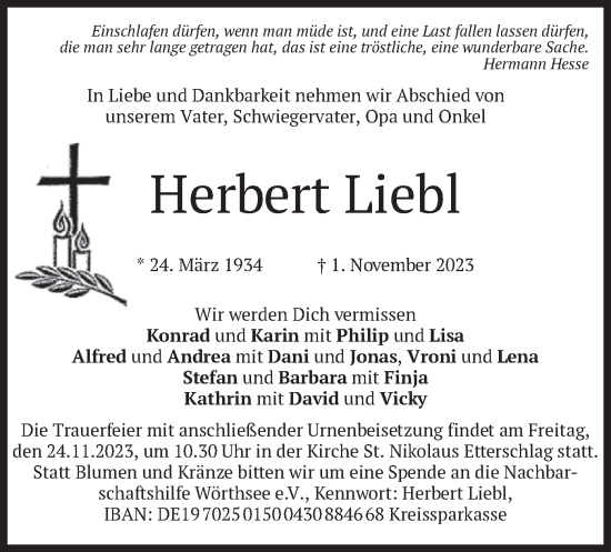Traueranzeige von Herbert Liebl von merkurtz