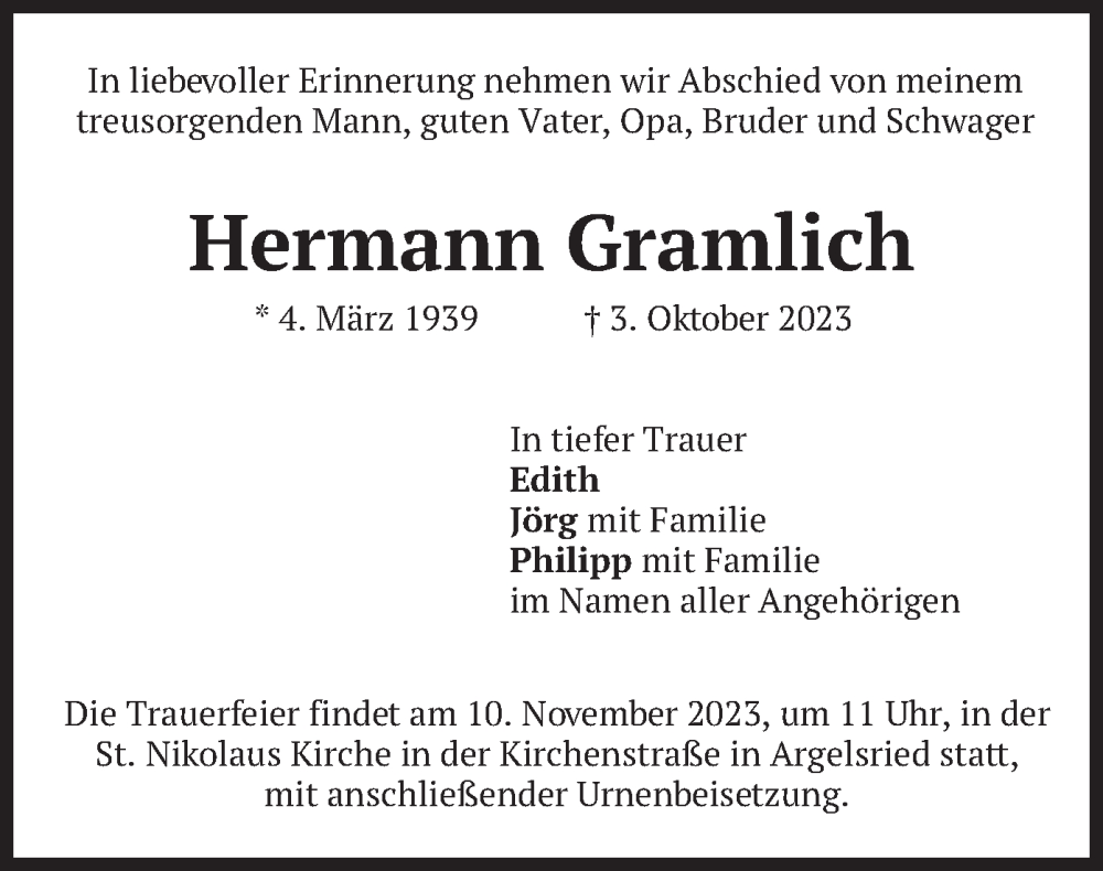  Traueranzeige für Hermann Gramlich vom 04.11.2023 aus merkurtz