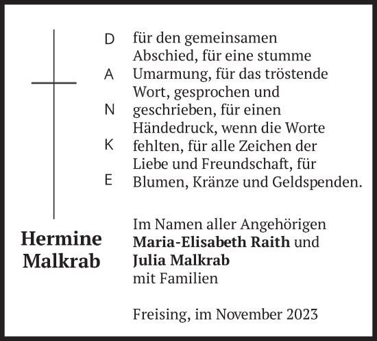 Traueranzeige von Hermine Malkrab von merkurtz
