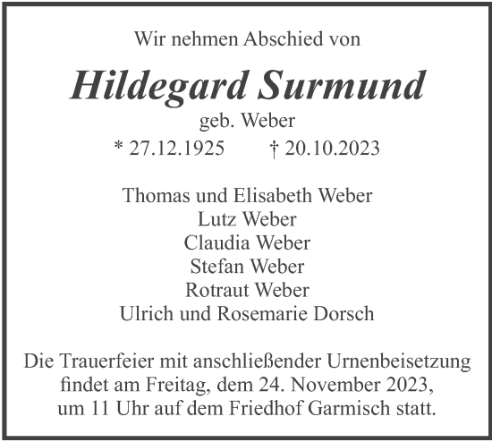 Traueranzeige von Hildegard Surmund von merkurtz