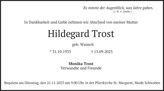 Traueranzeige von Hildegard Trost von merkurtz