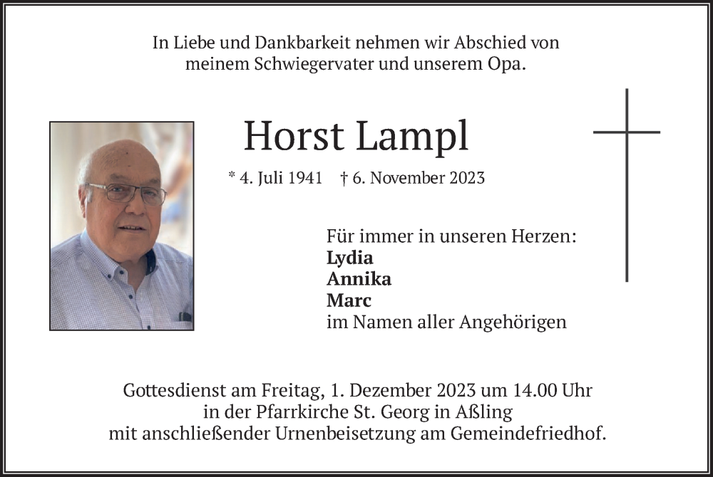  Traueranzeige für Horst Lampl vom 25.11.2023 aus merkurtz