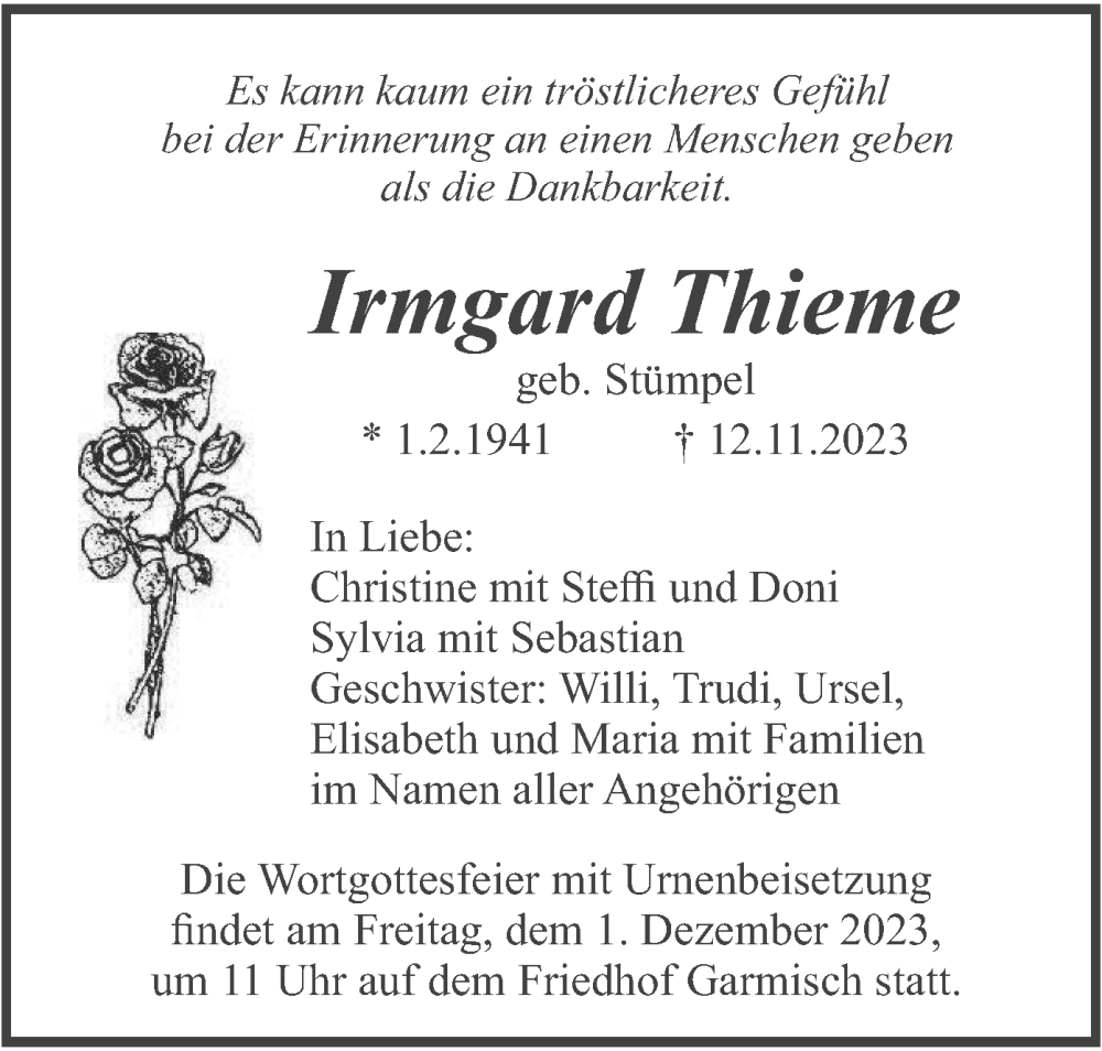  Traueranzeige für Irmgard Thieme vom 25.11.2023 aus merkurtz