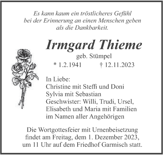 Traueranzeige von Irmgard Thieme von merkurtz