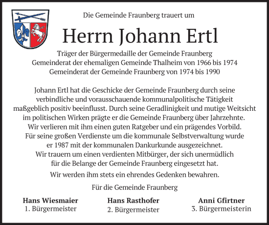 Traueranzeige von Johann Ertl von merkurtz