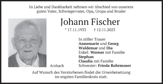 Traueranzeige von Johann Fischer von merkurtz
