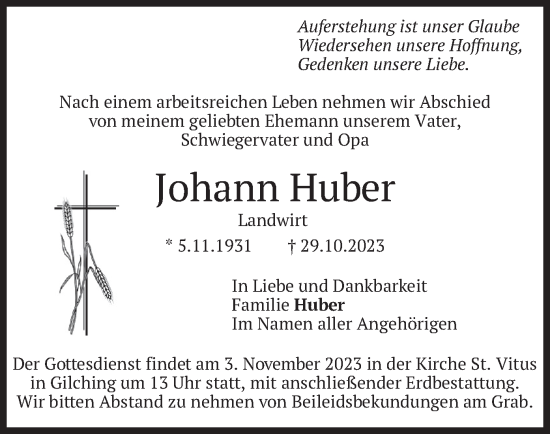 Traueranzeige von Johann Huber von merkurtz