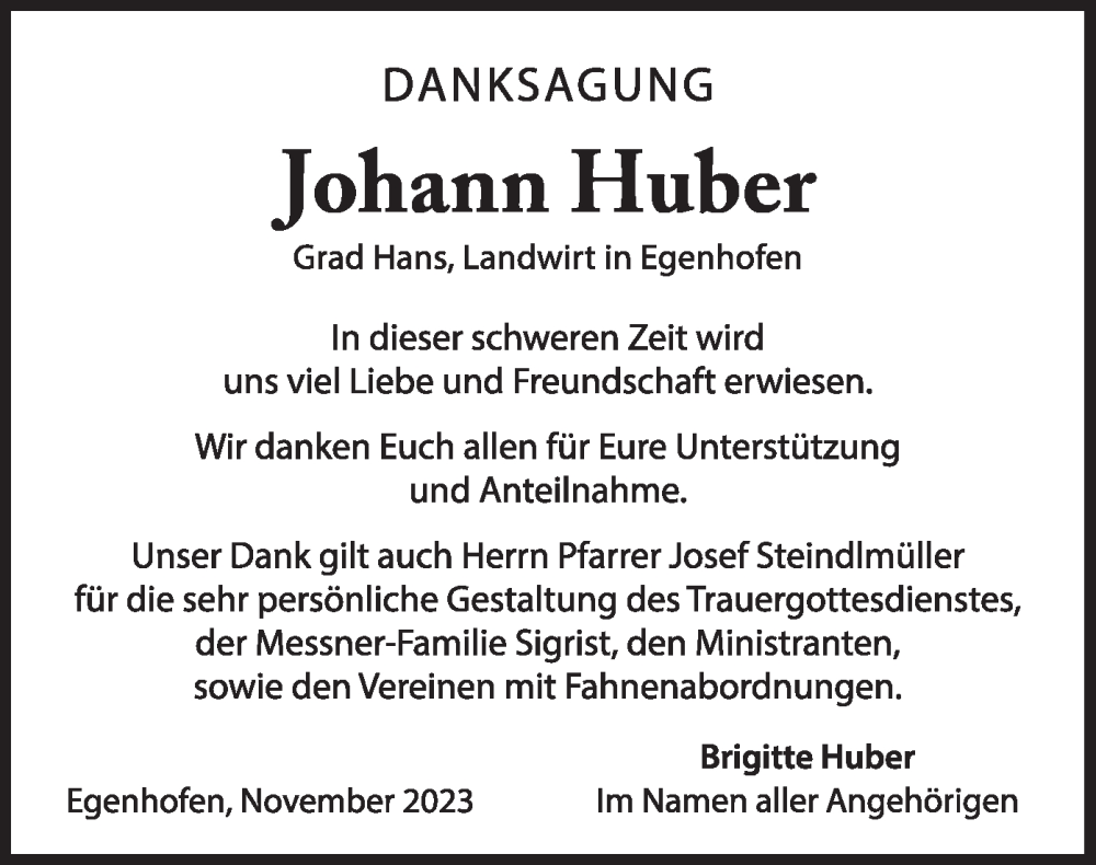  Traueranzeige für Johann Huber vom 29.11.2023 aus merkurtz