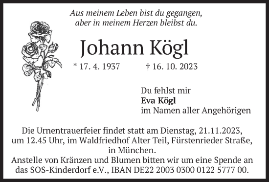 Traueranzeige von Johann Kögl von merkurtz