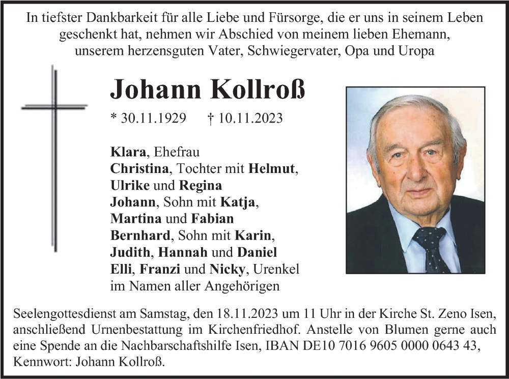  Traueranzeige für Johann Kollroß vom 15.11.2023 aus merkurtz