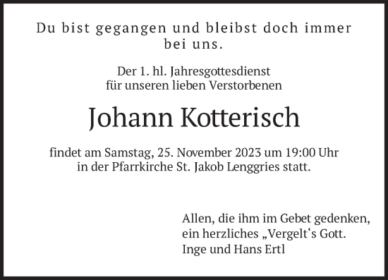 Traueranzeige von Johann Kotterisch von merkurtz