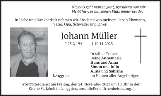 Traueranzeige von Johann Müller von merkurtz