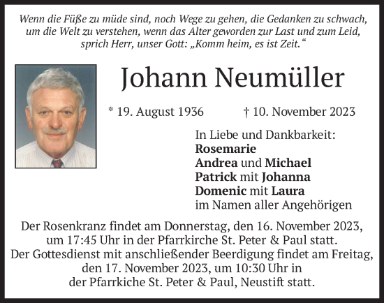 Traueranzeige von Johann Neumüller von merkurtz