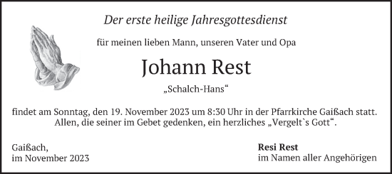 Traueranzeige von Johann Rest von merkurtz