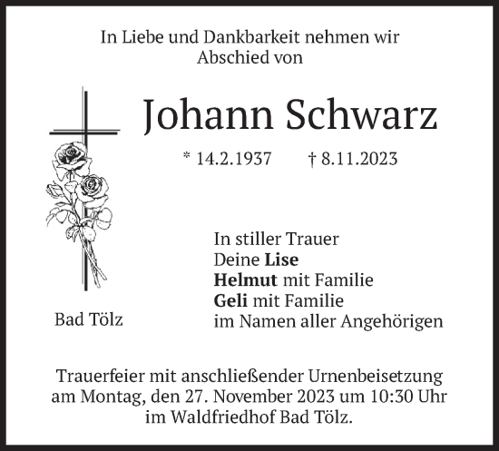 Traueranzeige von Johann Schwarz von merkurtz