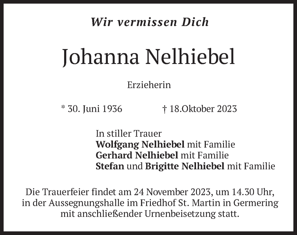  Traueranzeige für Johanna Nelhiebel vom 18.11.2023 aus merkurtz