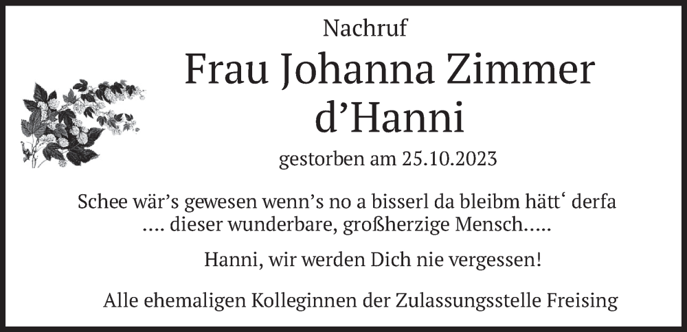  Traueranzeige für Johanna Zimmer vom 04.11.2023 aus merkurtz