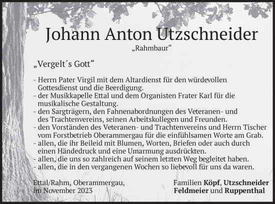 Traueranzeige von Johann Anton Utzschneider von merkurtz