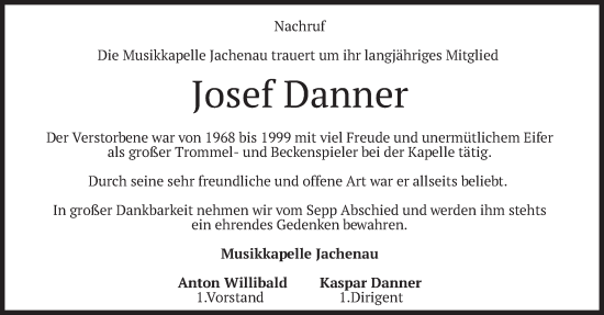 Traueranzeige von Josef Danner von merkurtz