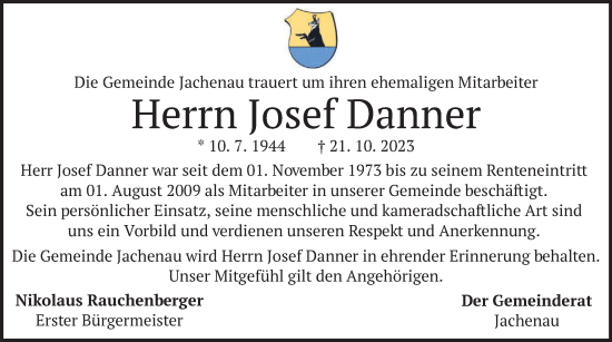 Traueranzeige von Josef Danner von merkurtz