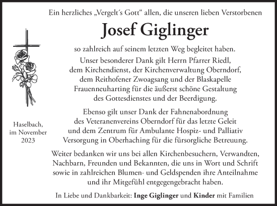 Traueranzeige von Josef Giglinger