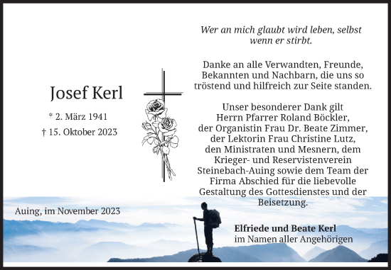 Traueranzeige von Josef Kerl von merkurtz
