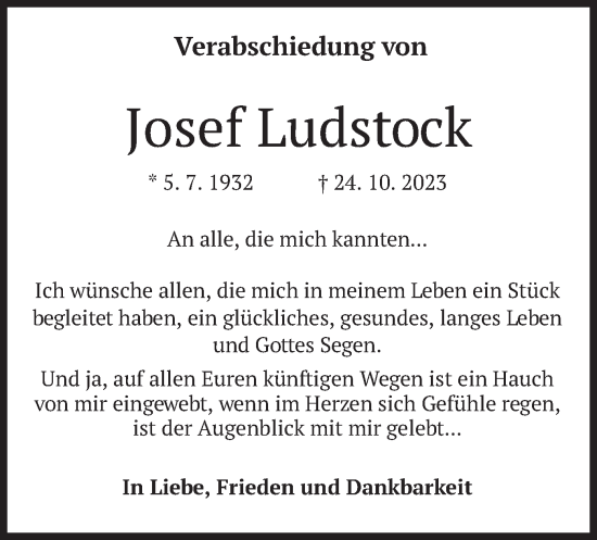 Traueranzeige von Josef Ludstock von merkurtz