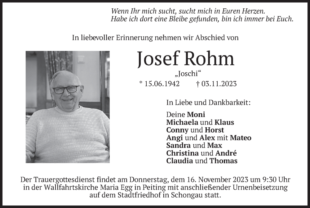  Traueranzeige für Josef Rohm vom 11.11.2023 aus merkurtz