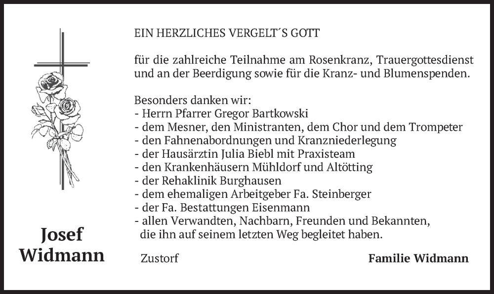  Traueranzeige für Josef Widmann vom 21.11.2023 aus merkurtz